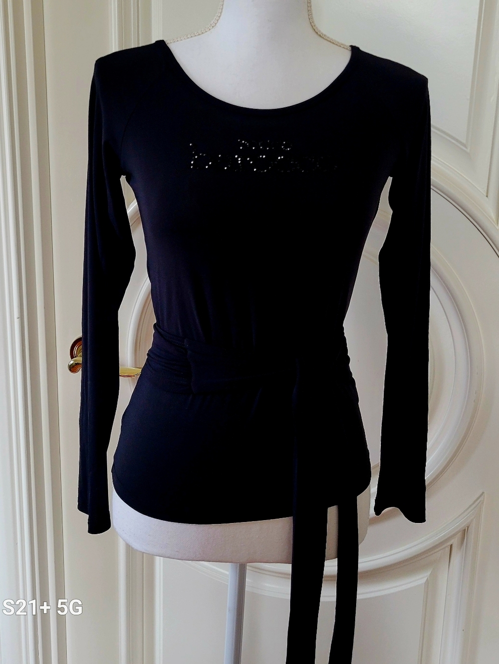 Women's Black Long-Sleeve Tie-Waist Top with Subtle Embellishment